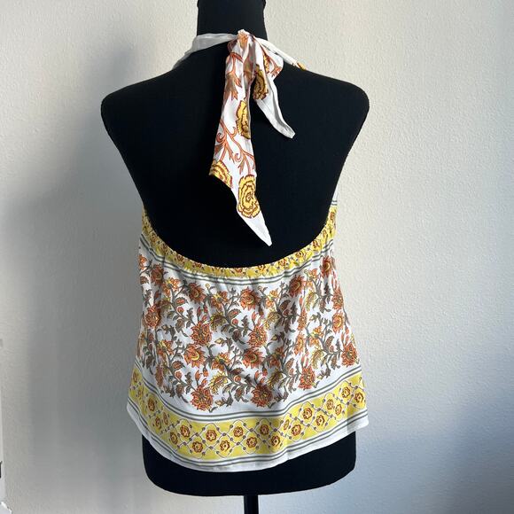 J Crew Open Back Halter Top In Sunset Rose Block Print Top Medium Yellow - Picture 4 of 11